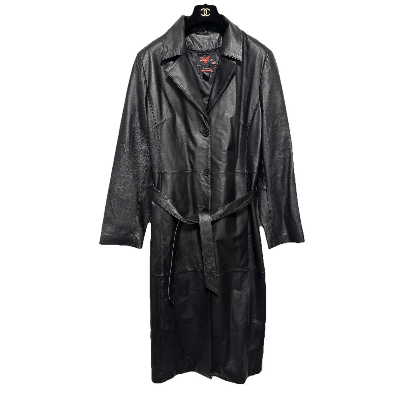 Verducci Leather Coat Womens Medium Black Long Belted Trench Frostbite Insulated